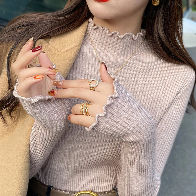 Fashion Ruffled Knitted Pullover Long Sleeved Sweater Women Bottoming Inner Shirt Elegant Autumn Winter Slim Casual Basic Tops