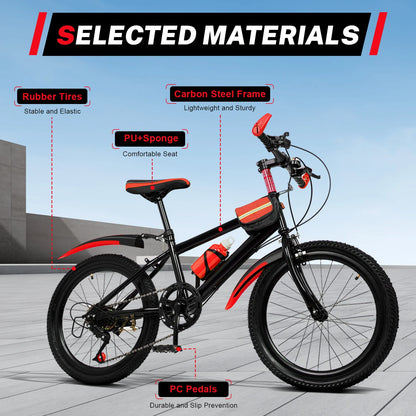 20" Red Mountain Bike for Kids, Adjustable Seat, Multi-speed Gear System, Front and Rear Brakes, Water Cup Holder