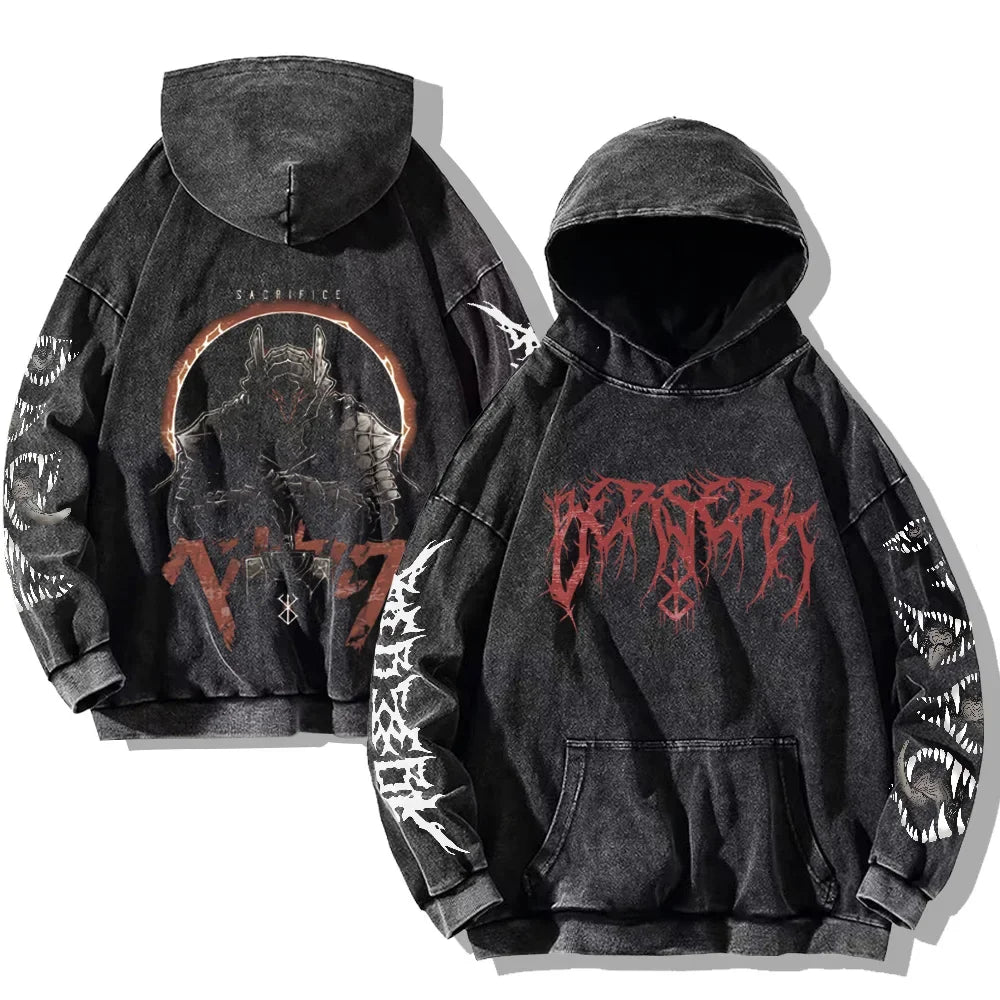Mens Berserk Hoodies Gothic Print Vintage Washed Hoodie Hip Hop Streetwear Cotton Sweatshirts Harajuku Casual Hooded Pullover