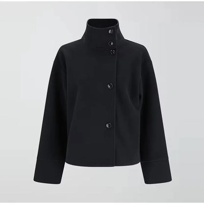 Urban Black Woolen Blend Coats Women Stand Collar Single-breasted Long Sleeve Thick Warm Jacket 2025 Autumn Winter Lady Outwear