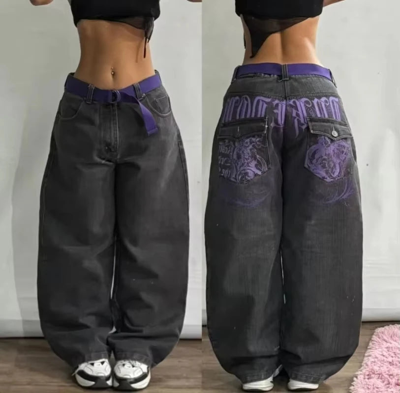 American Fashion New Black Old Washed Holes Baggy Jeans Ladies Y2K Vintage Punk Fashion Casual Joker High Waist Wide Leg Pants
