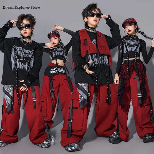 Boys Hip Hop Fashion Sweatshirt Vest Street Dance Cargo Pants Girls K-pop Top Jazz Costume Children Clothes Sets Kids Streetwear