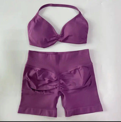 DFYIVE Yoga Gym Set 2 Piece Women Strappy Yoga Bra Top Workout Scrunch Shorts Sports Suit Fitness Clothes Seamless Yoga Set