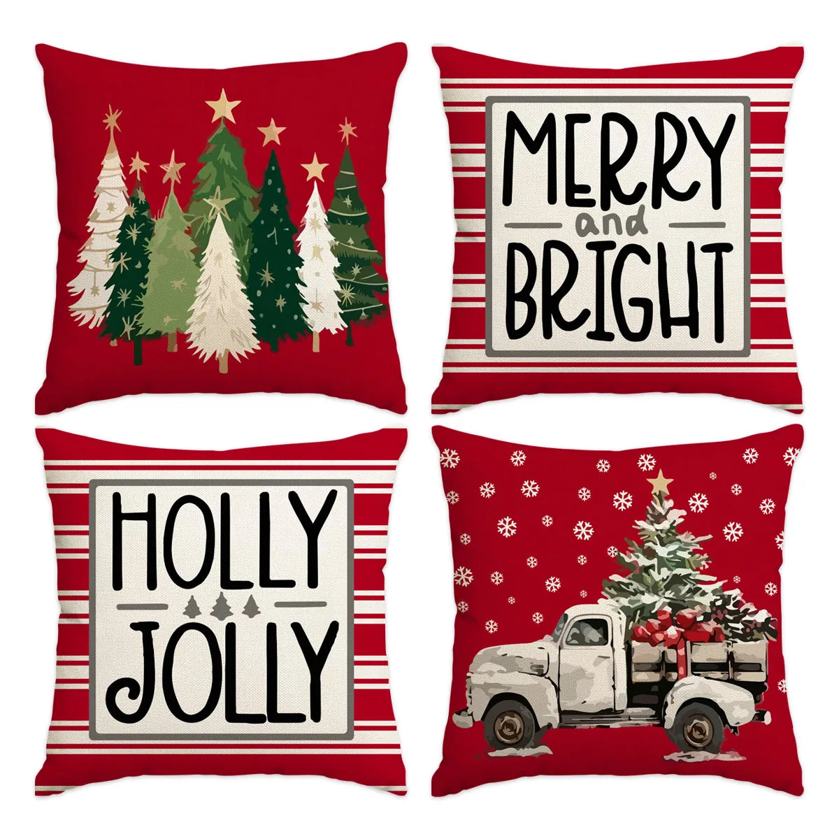 1pc/4pcs Christmas Pillow Cover, Black and Red Buffalo Plaid Celebration Christmas Tree Snowflake Decoration Sofa Cushion Cover