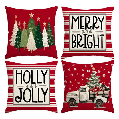 1pc/4pcs Christmas Pillow Cover, Black and Red Buffalo Plaid Celebration Christmas Tree Snowflake Decoration Sofa Cushion Cover