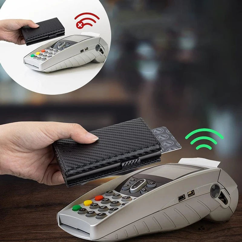 Men's Carbon Fiber Bifold Wallet RFID Blocking Automatic Pop-Up Card Holder