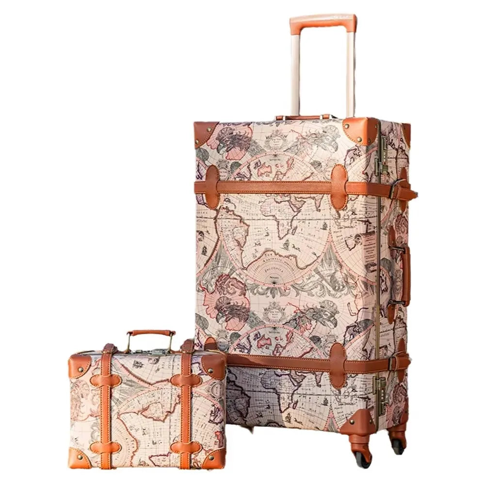 Vintage Suitcase set 2 piece , Women's Vintage Luggage set, Travel suitcase with boarding tote, handmade faux leather aluminum