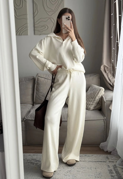 Hirsionsan Winter Thick Women Knitted Suits Soft 2 Pieces soft Female Sets Polo Neck Sweater & Wide Leg Pants Knitted Outfit