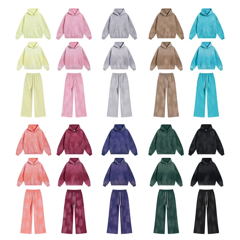 IEFB Washed Male Set Sweatshirt Sweatpants Splash-ink White Spray Dye Velvet Hoodies Autumn Spring New Trendy Male Wear 9W125