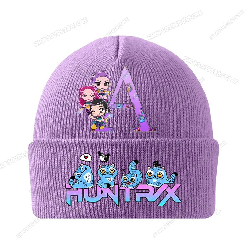 Kpop Demon Hunters Letter A-Z Knitted Hat Cartoon Music Girl Beanies Cap Kids Winter Warm Bonnet Cartoon Toddler Skullies Beanie