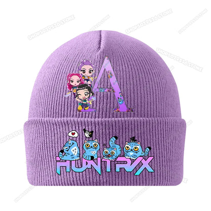 Kpop Demon Hunters Letter A-Z Knitted Hat Cartoon Music Girl Beanies Cap Kids Winter Warm Bonnet Cartoon Toddler Skullies Beanie