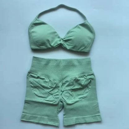 DFYIVE Yoga Gym Set 2 Piece Women Strappy Yoga Bra Top Workout Scrunch Shorts Sports Suit Fitness Clothes Seamless Yoga Set