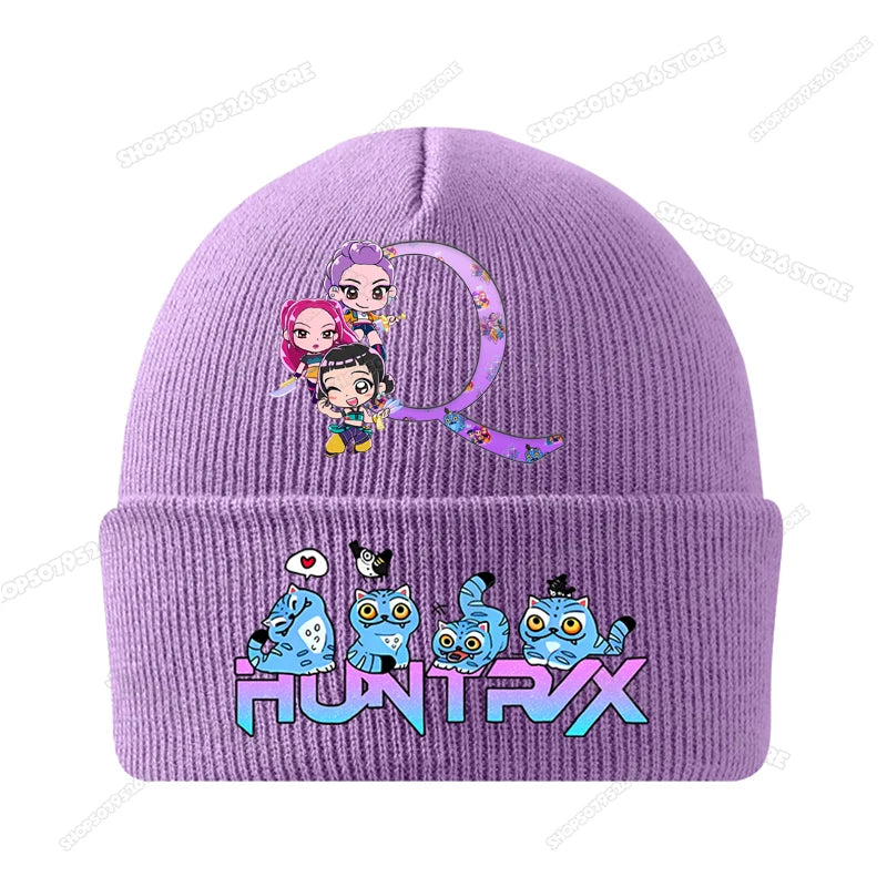 Kpop Demon Hunters Letter A-Z Knitted Hat Cartoon Music Girl Beanies Cap Kids Winter Warm Bonnet Cartoon Toddler Skullies Beanie
