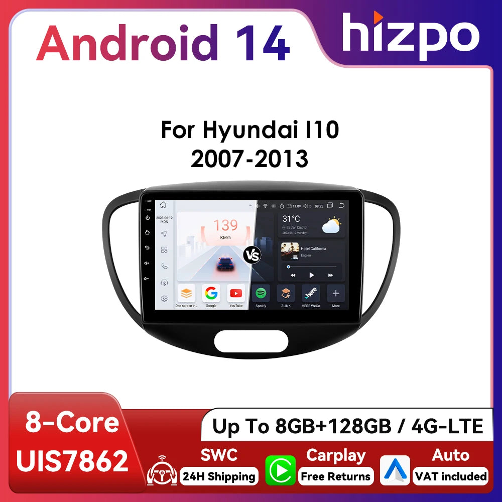 Hizpo 2Din 9inch Android13 Car Radio for Hyundai i10 2007- 2013 BT 4G Auto CarPlay Navi GPS RDS DSP UI7862 Intelligent System