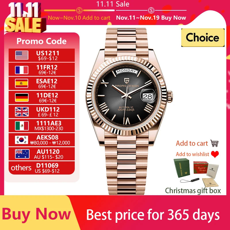 PAGANI DESIGN 2025 Rose Gold DD40 Men's Automatic NH36A Mechanical Watch