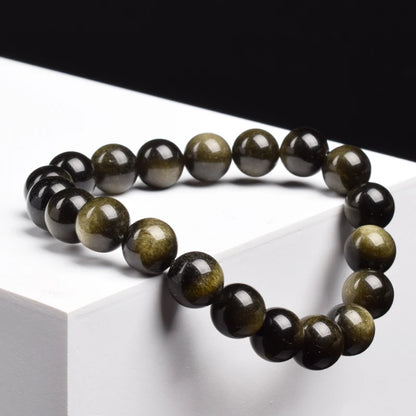Natural Golden Obsidian Stone Beads Bracelet Men Women Golden Light Rainbow Obsidian Raw Stone Round Bead Natural Energy Jewelry