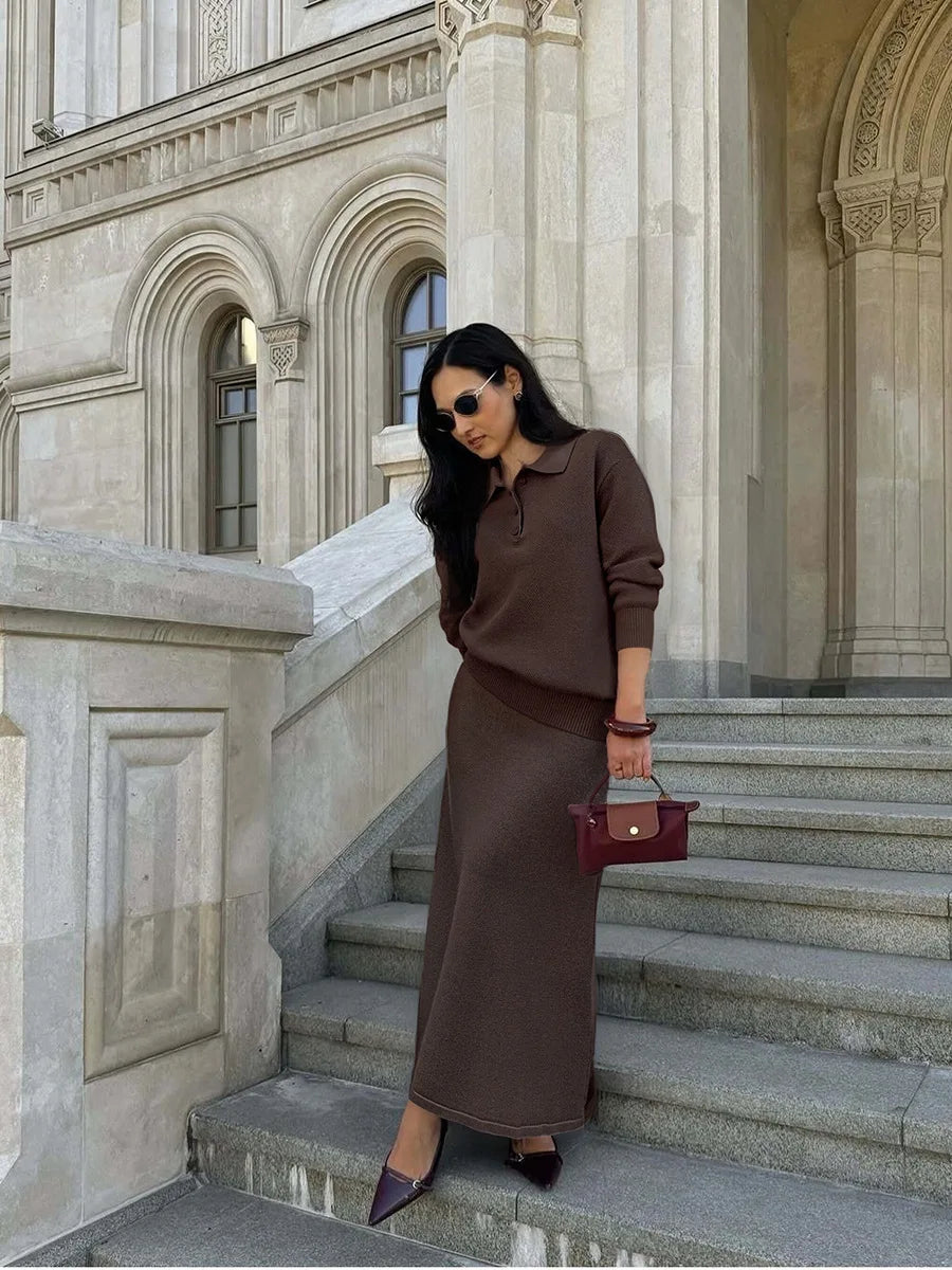 Hirsionsan Winter Thick Women Knitted Suits Soft 2 Pieces soft Female Sets Polo Neck Sweater & Wide Leg Pants Knitted Outfit