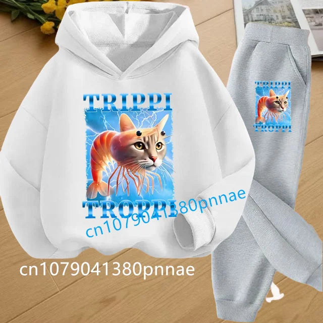 Tralalero Tralala Tung Tung Tung Funny Italian Brainrot Kids Clothes Boys Hoodie+Pants 2pcs Set Girls Tracksuit Children Outfits