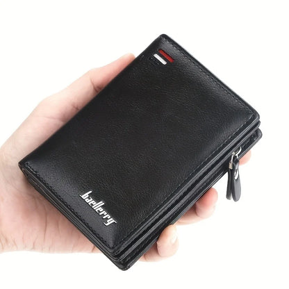 Men's PU Leather Short Wallet Zipper Coin Pocket Big Capacity Card Holder
