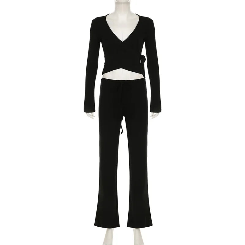 Absobe Autumn Winter Loose Pants Leisure Suit Women Flare Sleeve Crop Cardigan Top Lace-up Solid 2 Piece Set Fashion Outfit