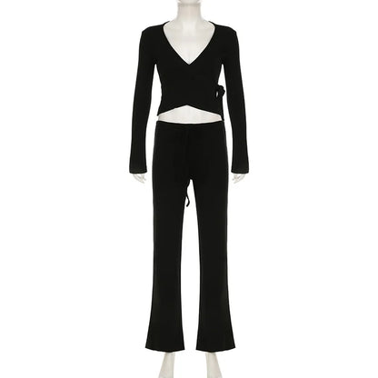 Absobe Autumn Winter Loose Pants Leisure Suit Women Flare Sleeve Crop Cardigan Top Lace-up Solid 2 Piece Set Fashion Outfit