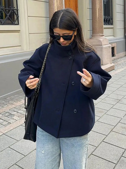 Stand Collar Women Winter Woolen Coats 2025 Autumn Single Breasted Loose Female Long Sleeve Jacket Office Lady Street Short Coat