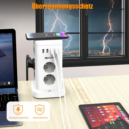 Placa de alimentação inteligente 15 em 1 com ficha padrão UE de 3680 W, tomada 7/11 CA, 3 portas de carregamento USB-A e 1 USB-C, cabo de extensão de 2 metros