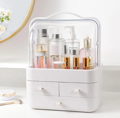 Luxury Dustproof Cosmetic Organizer with Lid & Drawer – Waterproof Vanity Storage Box for Makeup & Skincare