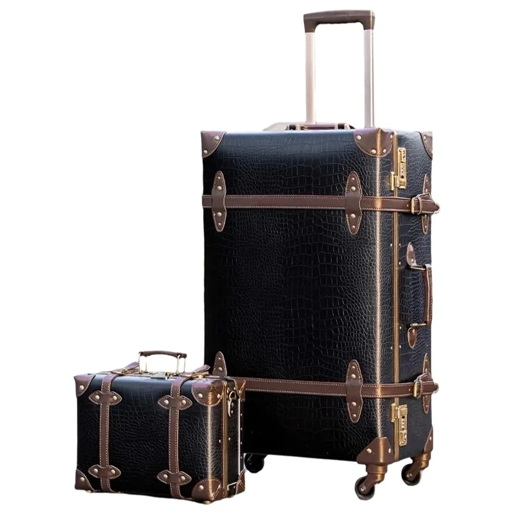 Vintage Suitcase set 2 piece , Women's Vintage Luggage set, Travel suitcase with boarding tote, handmade faux leather aluminum