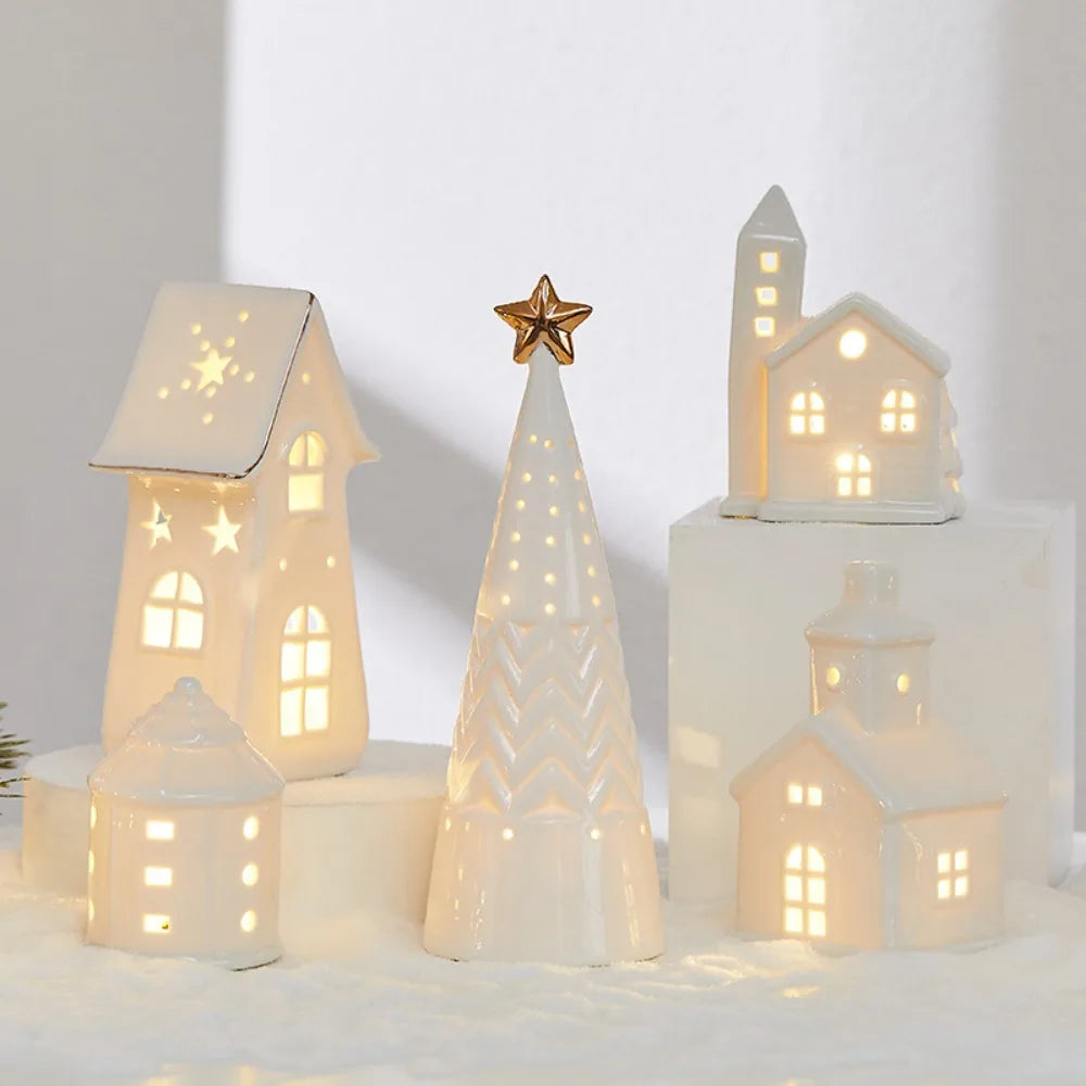 Glowing Ceramic Christmas Light Decorations LED Christmas Tree Luminous Hut Desktop Home Ornaments Scene Props Xmas Gifts