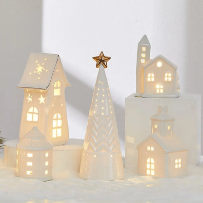 Glowing Ceramic Christmas Light Decorations LED Christmas Tree Luminous Hut Desktop Home Ornaments Scene Props Xmas Gifts