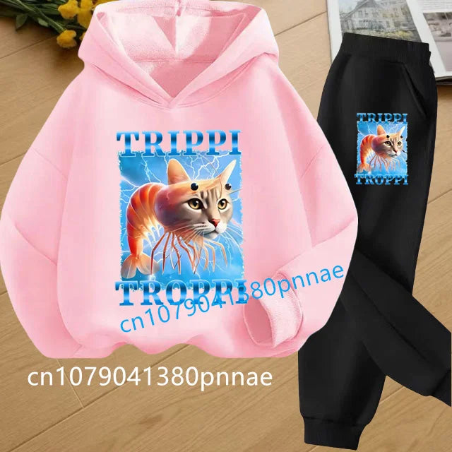 Tralalero Tralala Tung Tung Tung Funny Italian Brainrot Kids Clothes Boys Hoodie+Pants 2pcs Set Girls Tracksuit Children Outfits