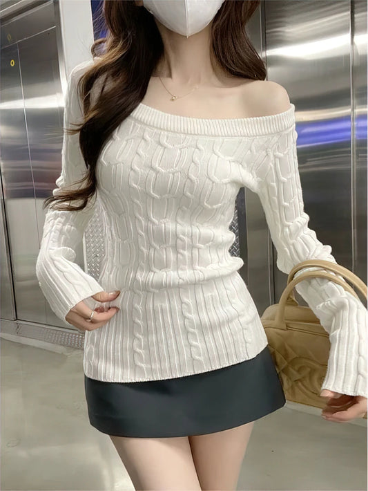 Casual Off shoulder Rib Knit Sweater Pull Women Long sleeve Top Basic Tees White Slim Pullovers Lady Sexy One Shoulder New