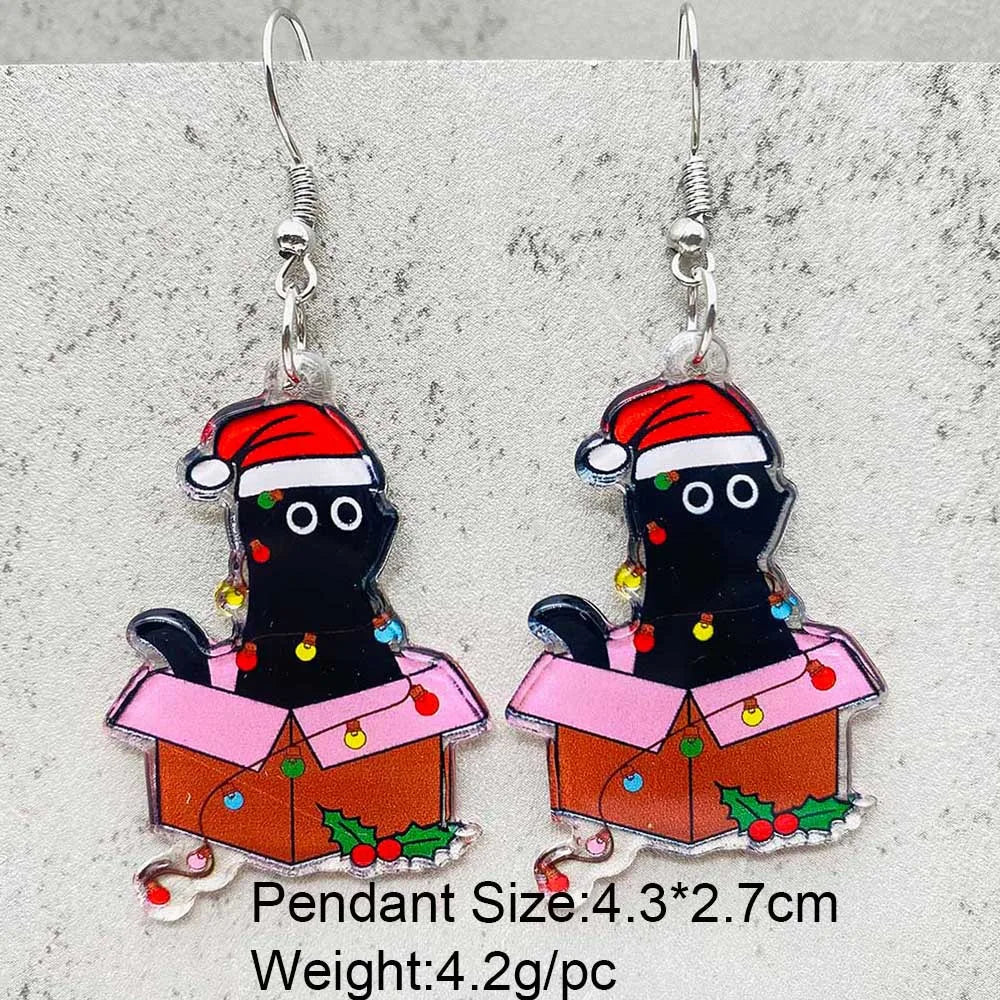 Cute Christmas Earrings Colorful Lights Christmas Tree Cat Acrylic Earrings for Women Holiday Jewelry Accessories Gifts