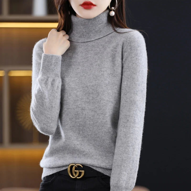 100% Merino Wool Cashmere Sweater Women Knitted Sweater Turtleneck Long Sleeve Pullovers Autumn Winter Clothing Warm Jumper Tops
