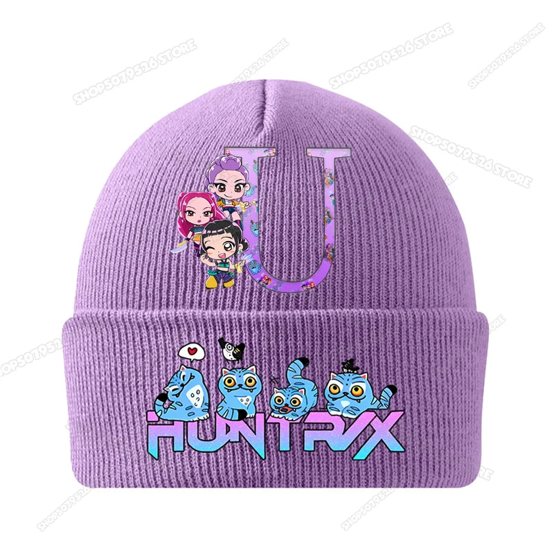 Kpop Demon Hunters Letter A-Z Knitted Hat Cartoon Music Girl Beanies Cap Kids Winter Warm Bonnet Cartoon Toddler Skullies Beanie