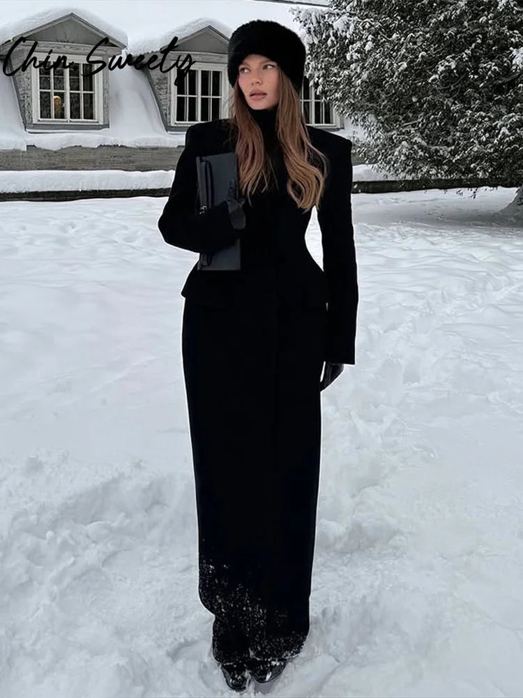 Slim Woolen Long Women Coat Elegant Full Sleeve Lapel Single Breasted Pocket Female Outwear 2025 Autumn Winter Chic Lady Jakcet