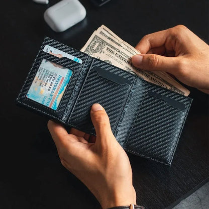 Men's Carbon Fiber Bifold Wallet RFID Blocking Automatic Pop-Up Card Holder
