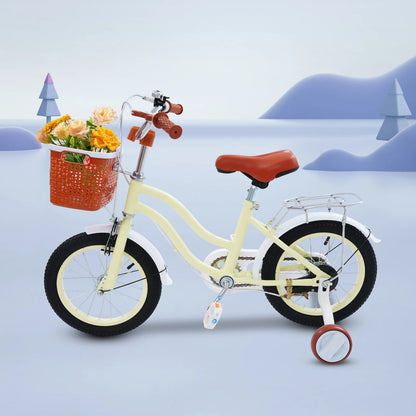 14 Inch Children's Bicycle Carbon Steel Kids Bike with Auxiliary Wheels & Basket & Manual Bell, Bearing 60kg, Height Adjustable