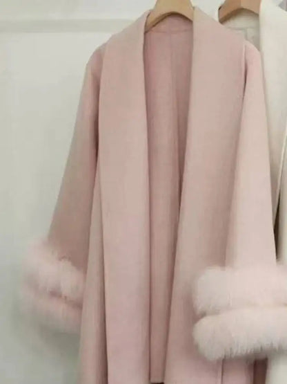 UCXQ Elegant OL Office Lady Overcoats Fur Patchwork Long Sleeve Woolen Coat Beautiful Women's Clothing Jacket Autumn 2025 Winter