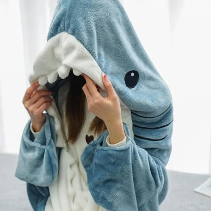 Wearable Shark Blanket Hoodie for Women | Soft Flannel Warm Shark Pajama Robe
