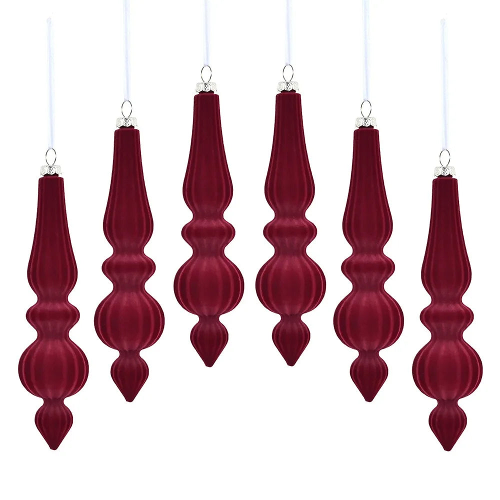 6pcs Flocked Velvet Christmas Gourd Pendant Plastic Shatterproof Christmas Cone Ball Set Reusable Xmas Tree Hanging Ornaments