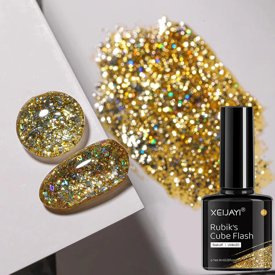 Esmalte em gel com glitter de 6 cores e 8 ml, prata, ouro rosa, lantejoulas coloridas, verniz em gel semipermanente, arte em unhas em gel UV, laca a laser