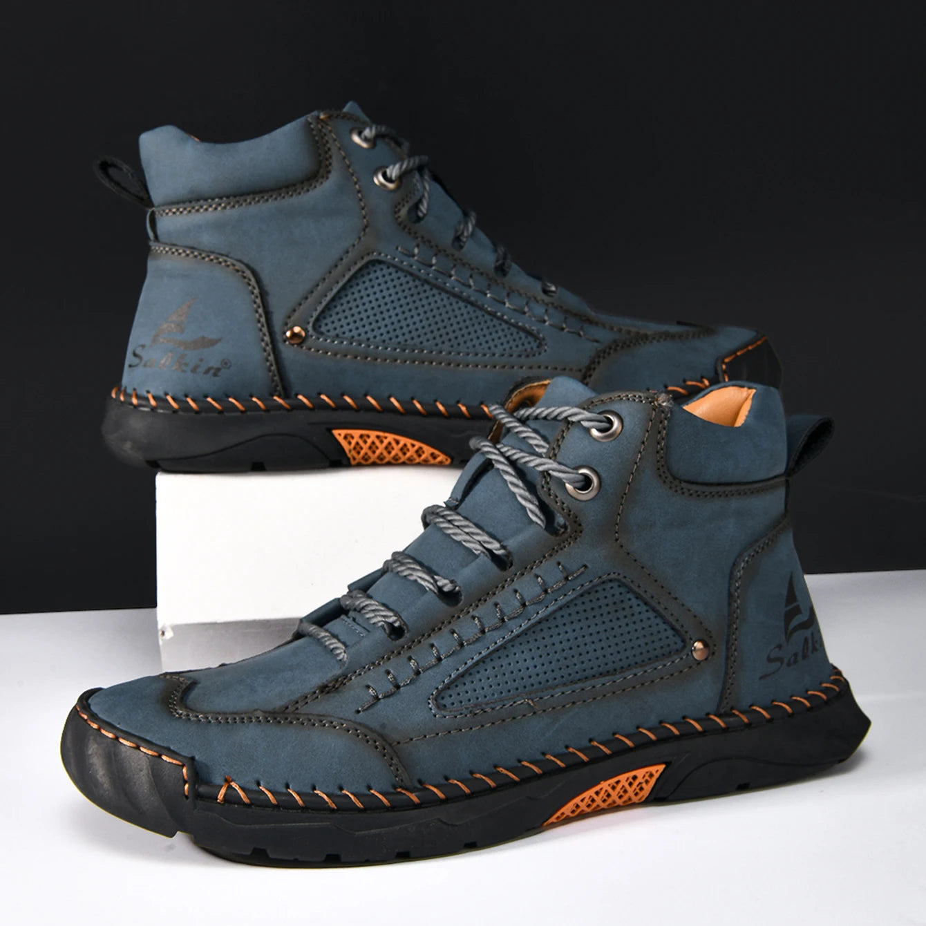 Hand-stitching Casual Leather Shoes Men Boots Outdoor Autumn Retro Breathable Casual Shoes Lace Up Blue Ankle Boots Winter