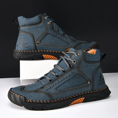 Hand-stitching Casual Leather Shoes Men Boots Outdoor Autumn Retro Breathable Casual Shoes Lace Up Blue Ankle Boots Winter