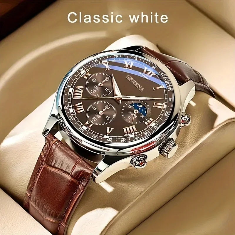 Men’s Business Quartz Watch Leather Strap Round Dial Fashion Analog Wristwatch