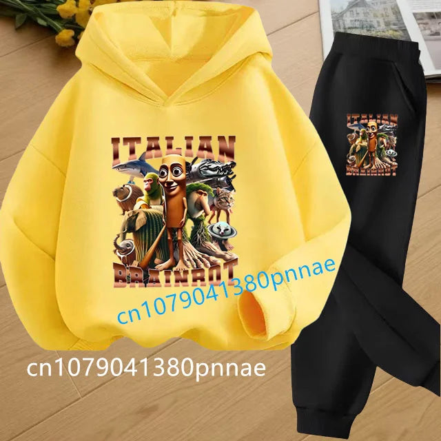 Tralalero Tralala Tung Tung Tung Funny Italian Brainrot Kids Clothes Boys Hoodie+Pants 2pcs Set Girls Tracksuit Children Outfits