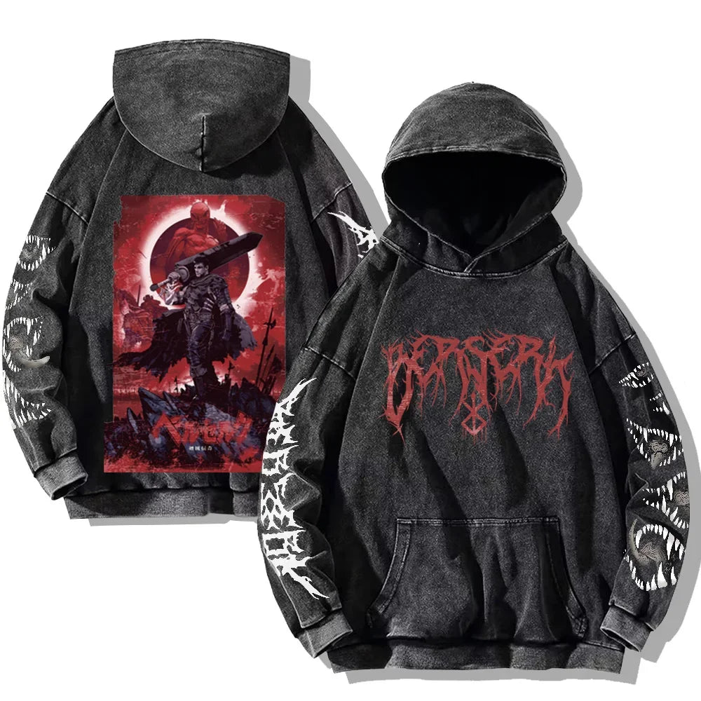Mens Berserk Hoodies Gothic Print Vintage Washed Hoodie Hip Hop Streetwear Cotton Sweatshirts Harajuku Casual Hooded Pullover