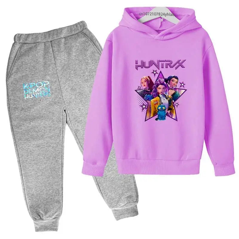 Kpop Demon Hunters Hot Cartoon Print Kids Autumn Spring Casual 2pcs Hoodie+Pants Tracksuits 2-13 Years Boys Girls Clothes Sets