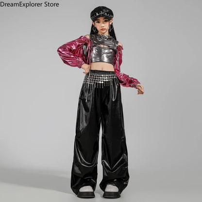 Girls K-pop Fashion Shiny Crop Top Hoodies Street Dance Pants Child Hip Hop Jazz Streetwear Clothes Sets Kids Girl Group Costume